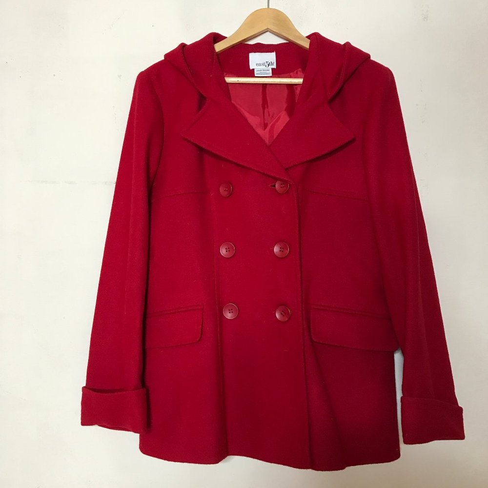 East 5th Red Size L Hooded Double Breasted 100% Wool Pea Coat Style With Cuffs
